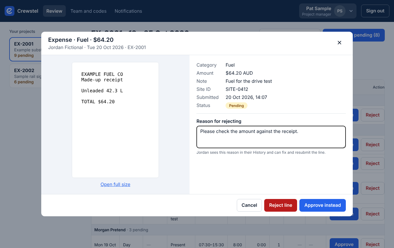 Rejecting an expense with a reason