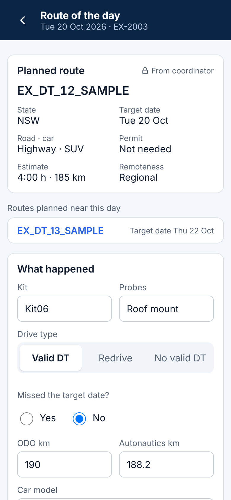 Route of the day with what happened filled in